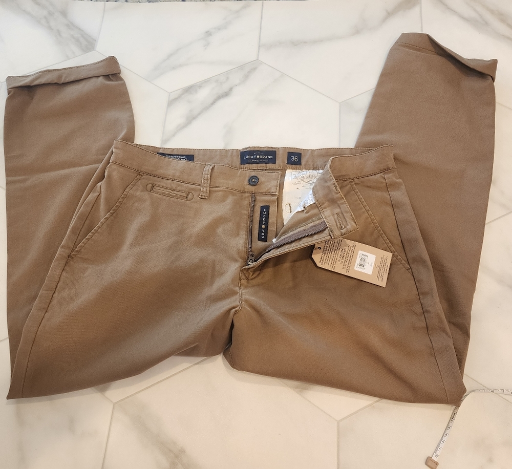 LUCKY BRAND, MENS NEW WITH TAGS,size 36- 121 slim Chino khaki tan pants,coolmax